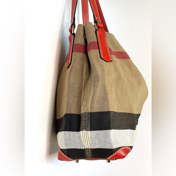 Burberry Maidstone Large Check Canvas Tote Bag Red Leather Trim - Picture 2 of 16